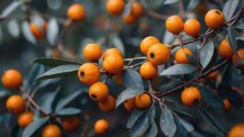 concept nature and harvest Autumn background blurred berries, orange ripe with seabuckthorn of Branch. photo