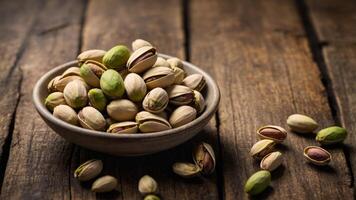 A plate of pistachios on a rustic wooden table providing a background with a copy space image highlighting their nutritious value as a healthy vegetarian protein snack. photo