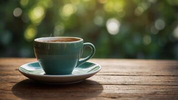 Coffee cup on a rustic wooden table with a blurred green bokeh background perfect for a copy space image. photo