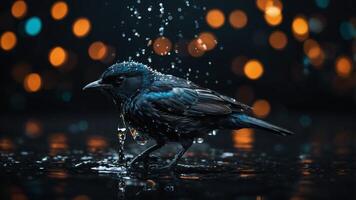 Black Background with Bird-Shaped Liquid Burst. photo
