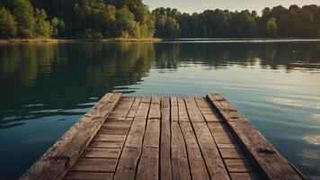 An aged wooden dock extending into a serene lake providing a picturesque copy space image. photo
