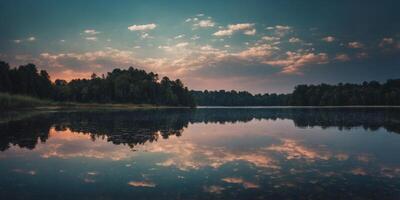 Mysterious lake reflecting a mirrored sky creating an otherworldly atmosphere. photo