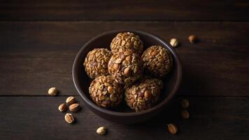 Top down view of nut balls dessert placed on a dark wooden table perfect for a delightful coffee break with a spacious copy space image. photo