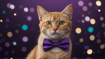 Happy cat in a bow tie holds a glass of champagne on a purple background. photo