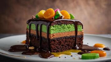 A vibrant and colorful slice of chocolate cake with multiple layers in green, orange, yellow, and pink The cake is topped with chocolate glaze dripping down the sides. photo