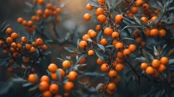 concept nature and harvest Autumn background blurred berries, orange ripe with seabuckthorn of Branch. photo