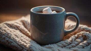 A cozy mug with a marshmallow on a blanket, perfect for a warm and comforting beverage. photo