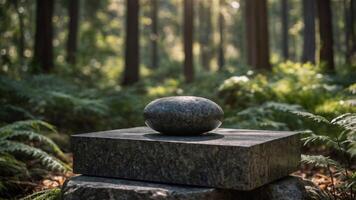 a displayed on a small granite podium, placed in a tranquil forest with dappled sunlight. photo