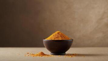 A small glass bowl of turmeric root powder on light brown mulberry paper with a copy space image displayed. photo