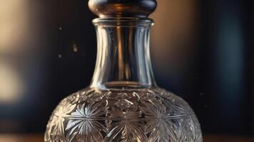 A closer look at the delicate etchings on a vintage crystal decanter an elegant touch to any wine presentation. photo
