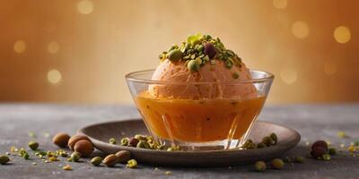 The bright orange ice cream made with foraged apricots has a delicate sweetness and is topped with crushed pistachios. photo