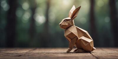 A delicate origami rabbit, a symbol of easter, peacefully perches upon a rustic canvas, a fusion of nature and art. photo