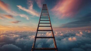 Ladder reaching a cloud in a colorful sky. photo