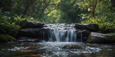 Closeup of a small waterfall, with water gushing down a slope of uneven rocks, creating a dynamic and energizing view. photo