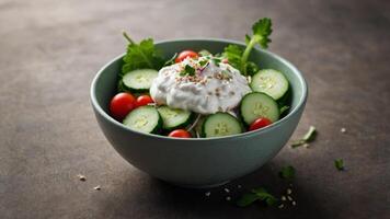 Top viev on radish and cucumber salad with sour cream or yogurt dressing. photo