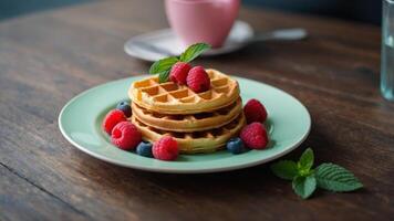 concept brunch and breakfast presentation, colorful and bright plate, white a on leaves mint and raspberries fresh with waffles of Stack. photo