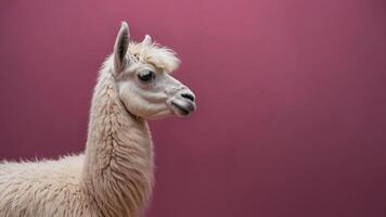 White Llama Standing in Front of Pink Background. photo
