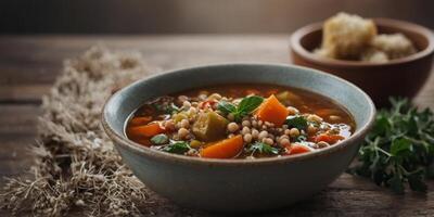 A comforting bowl of buckwheat and vegetable stew simmered in a flavorful broth. photo