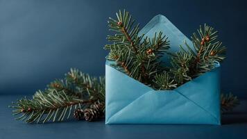 Festive paper envelope with spruce branches on blue background. photo