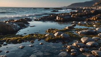 An expansive rocky coastline with small tide pools filled with freezing ocean water ideal for a chilly soak. photo