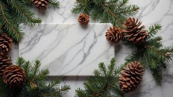 White marble table decorated for Christmas with pine branches and pine cones Merry Christmas and happy new year theme Top view with copy space flat lay. photo