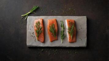 Three different types of raw fish fillets with herbs, culinary preparation concept. photo