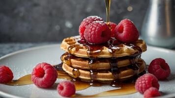 concept breakfast morning syrup, and raspberries with waffles of Stack. photo