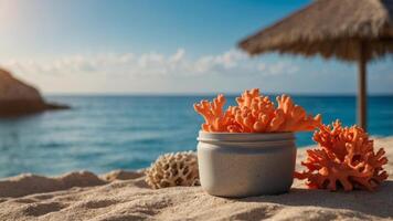 image space copy with scene vibrant and captivating a providing bottles sunscreen and corals sea with background orange An. photo