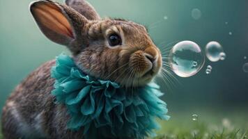 concept animal playful and whimsical background, teal with gum bubble blowing Rabbit. photo