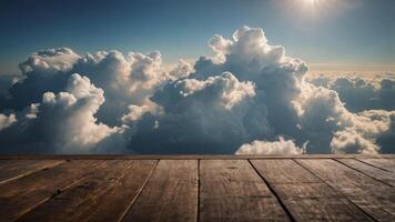 cloud service idea featuring clouds on a wooden surface top view copy space. photo