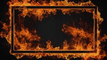 A rectangular fire frame with bright orange and red flames licking the edges. photo