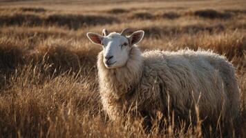 Three sheep in a field of dry grass, close-up view Nature and rural concept. photo
