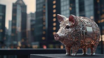 Cybernetic piggy bank with learning algorithms standing in a high tech financial district. photo