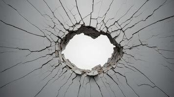 Cracked white surface with large hole, abstract background Destruction and fragility concept. photo
