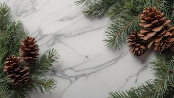 White marble table decorated for Christmas with pine branches and pine cones Merry Christmas and happy new year theme Top view with copy space flat lay. photo
