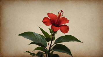 Background of aged paper with red hibiscus on it. photo