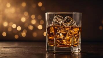Glass of whiskey with ice cubes on a warm-toned background, studio shot Luxury and relaxation concept. photo