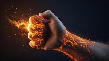 Fiery clenched fist with flames and sparks in dramatic light. photo