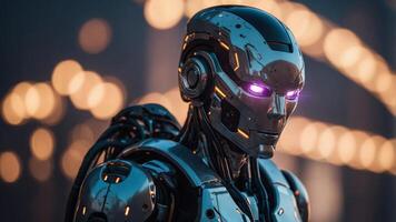 Futuristic robot with glowing lights in a bokeh background, technological innovation concept. photo