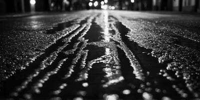 The glowing lights of the city create a shimmering effect in a puddles reflection Black and white art. photo