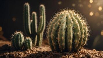 concept creative background, beige on bulb light a inside Cactus. photo
