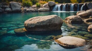 This natural swimming pool is surrounded by large boulders and features a small rockslide for added fun. photo