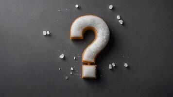 Gray background featuring white sugar and a question mark as a focal point with space for additional graphics. photo