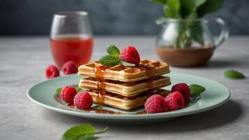 concept brunch and breakfast presentation, colorful and bright plate, white a on leaves mint and raspberries fresh with waffles of Stack. photo