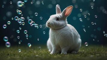 concept animal playful and whimsical background, teal with gum bubble blowing Rabbit. photo