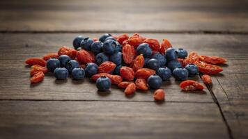 image space copy with table wooden a on arranged berries goji and Blueberries. photo