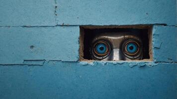 Cute robot peeking out of a hole in blue wall, empty copy space frame. photo