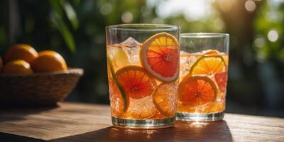 Glasses of drink with slices of fresh grapefruit, lime and oranges on the table Creative minimal summer concept Sunny day shadows. photo