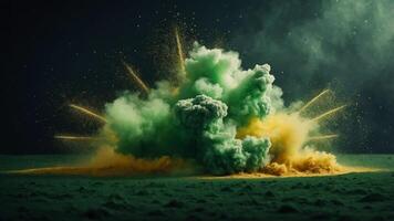 Explosive clouds of green and yellow dust with sparkling particles. photo