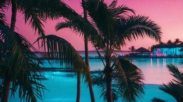 light neon blue and pink with leaves palm tropical Colorful. photo